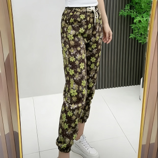 宽松显瘦直筒松紧腰收脚裤 八分卫裤 女2026春夏新款 绿色碎花休闲裤