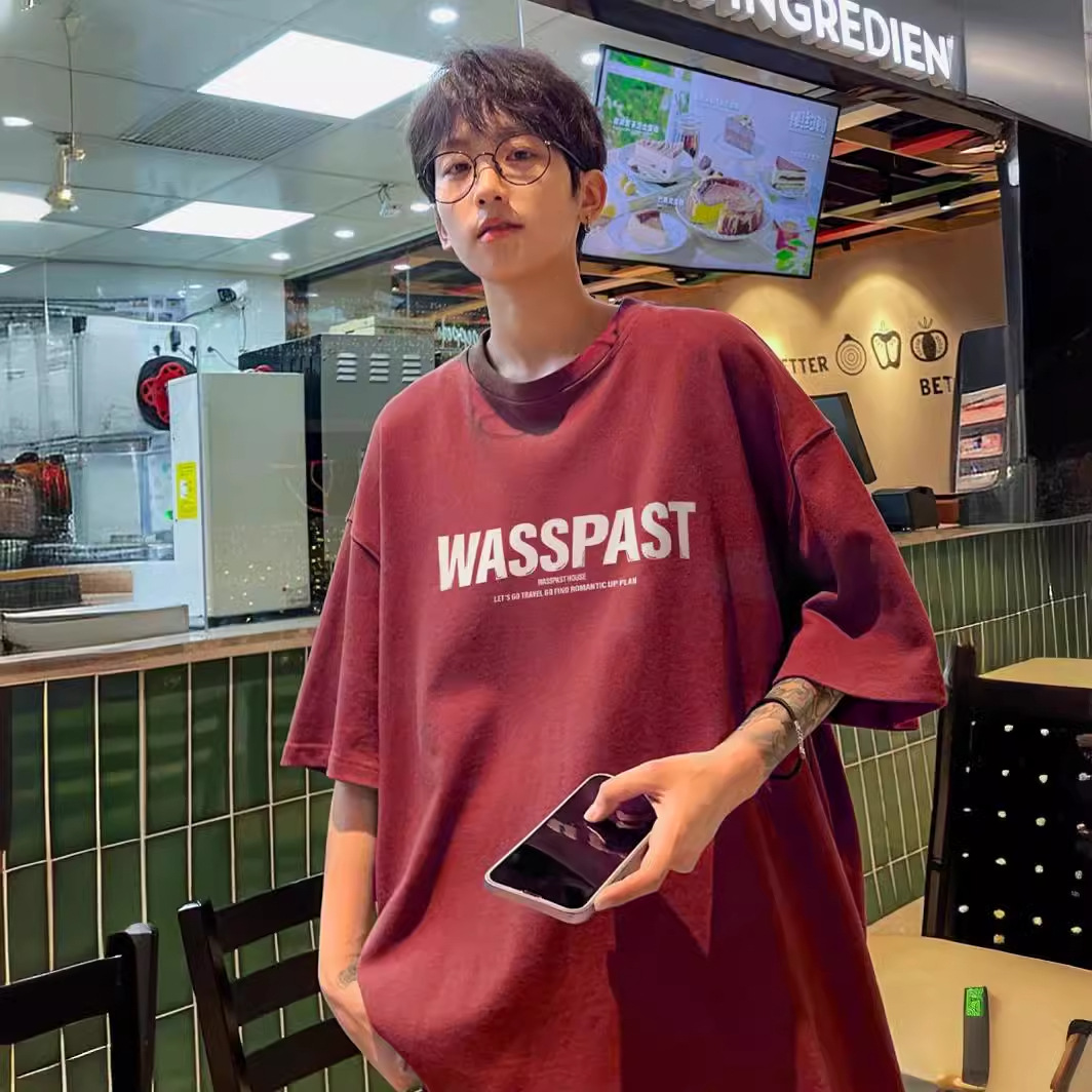 重磅纯棉短袖t恤男夏季美式复古简约潮流字母印花宽松半袖体恤衫