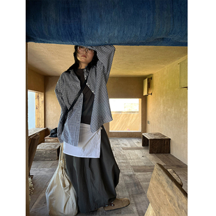 小众表妹2026秋季新品复古格子衬衫女韩系宽松设计感立领长袖衬衣