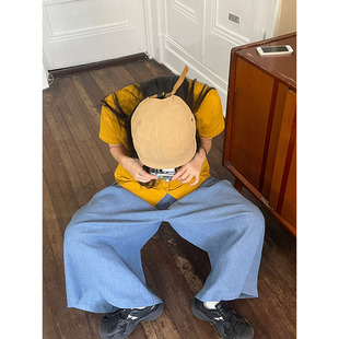 松紧腰小个子微胖裙裤 折小众表妹日系复古宽松超薄牛仔色阔腿裤