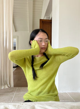 小众表妹 芥末绿打底针织毛衣修身保暖高弹均码