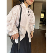 口压褶设计宽松衬衫 小众表妹超舒服2025早春新款 简约百搭立领袖