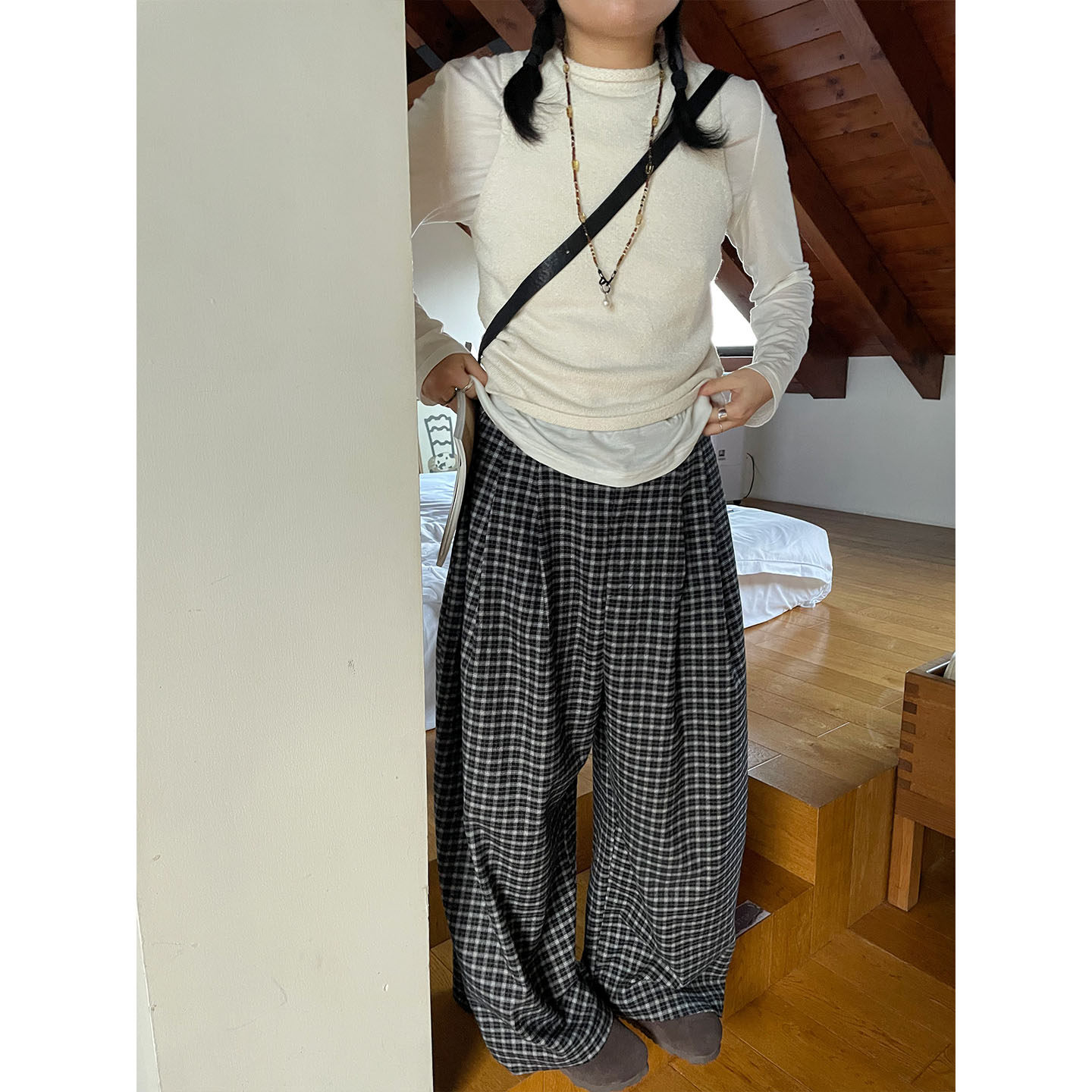 小众表妹复古呢料格子西裤女松弛感长裤宽松慵懒高腰显瘦休闲裤