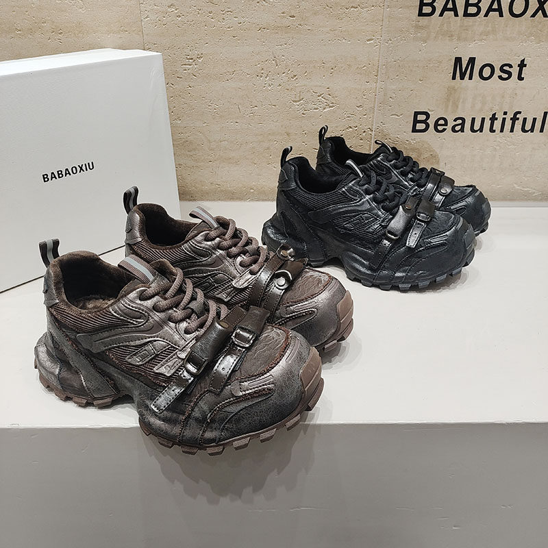 BABAOXIU巴宝秀正品松糕底加绒老爹鞋拼接圆头汉堡包休闲女鞋2026