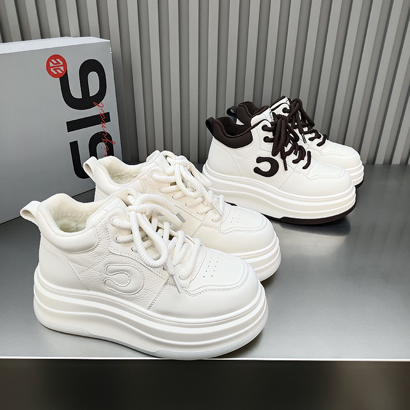 品味吸模厚底小白鞋高帮圆头绑带韩版厚绒保暖女鞋2025冬季百搭潮