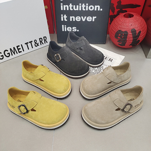 TTRR正品磨砂皮超轻底圆头一字带女鞋复古勃肯鞋2026春款魔术贴款