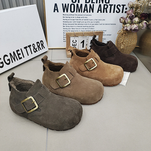 高帮加绒保暖2025秋冬款 女鞋 磨砂皮一字带卡扣大头勃肯鞋 TTRR正品