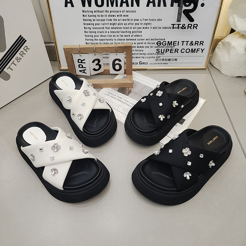TTRR正品布艺厚底一脚蹬懒人外穿女鞋托水钻金属扣韩版休闲女潮鞋
