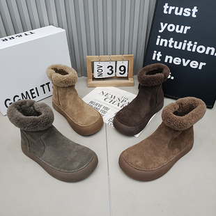 TTRR正品 保暖复古 雪地靴厚底圆头侧拉链毛毛口厚绒女短靴2025冬季