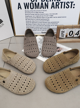 TTRR真皮镂空勃肯鞋两穿平底鞋2026春夏透气豆豆丑萌休闲复古百搭