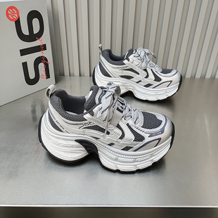 增高时尚 品品老爹鞋 2026春款 女鞋 百搭 松糕底拼接圆头透气绑带韩版