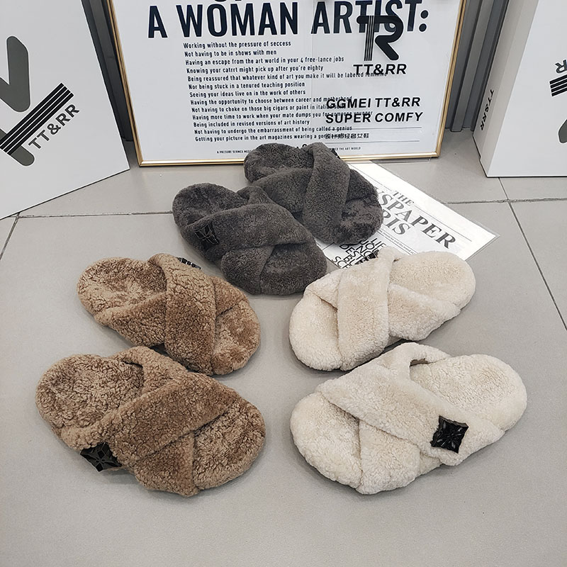 TTRR羊毛露趾一脚蹬外出毛毛女托