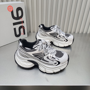 四季 休闲鞋 网透气女鞋 增高拼接绑带韩版 2026春款 品品松糕底老爹鞋