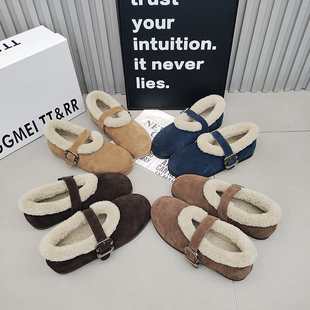 加绒豆豆女鞋 2025冬季 磨砂皮浅口毛毛口一字带平底勃肯鞋 TTRR正品