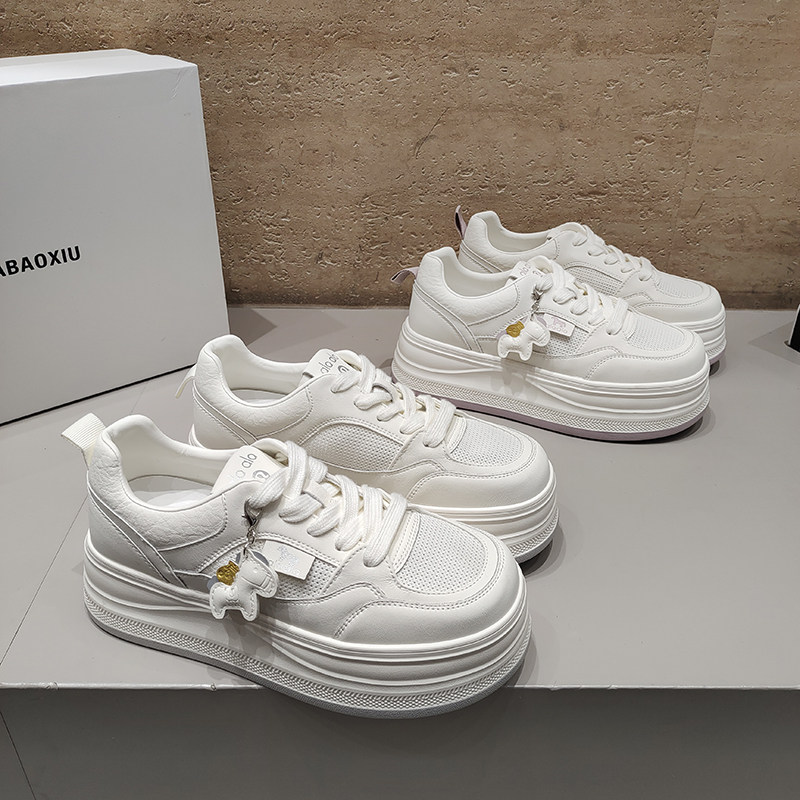 巴宝秀BABAOXIU超轻松糕底单网小白鞋圆头绑带低帮韩版透气女潮鞋