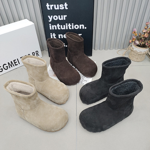 厚绒保暖百搭款 TTRR正品 磨砂皮雪地靴厚底大头套筒女短靴2025冬季