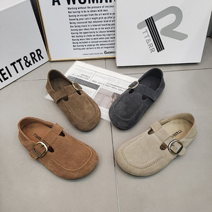 TTRR正品勃肯鞋磨砂皮平底一字带扣圆头复古休闲女鞋2026春款百搭