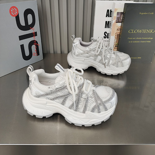 品味松糕底老爹鞋薄网透气水钻带