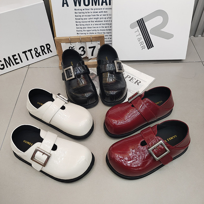 TTRR正品漆皮厚底勃肯鞋大头豆豆休闲女鞋2026春款卡扣一字带低帮