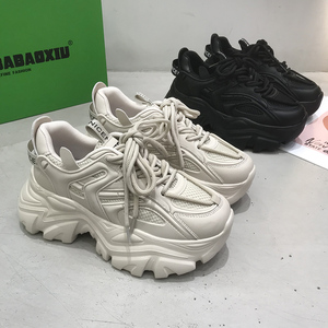 巴宝秀松糕底老爹鞋女增高拼接绑带韩版女鞋2023秋字母时尚休闲潮