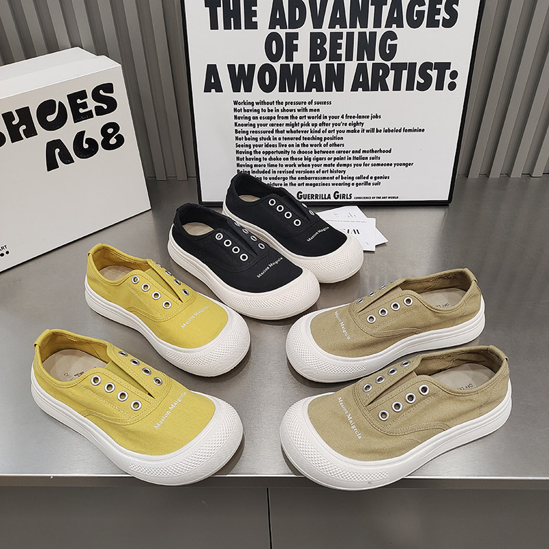 欧货帆布透气滑板鞋圆头低帮松紧带懒人鞋2026春夏韩版休闲女潮鞋