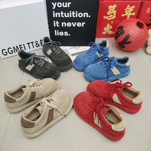 TTRR正品磨砂皮勃肯鞋厚底圆头绑带复古女鞋2026春百搭拼接休闲款