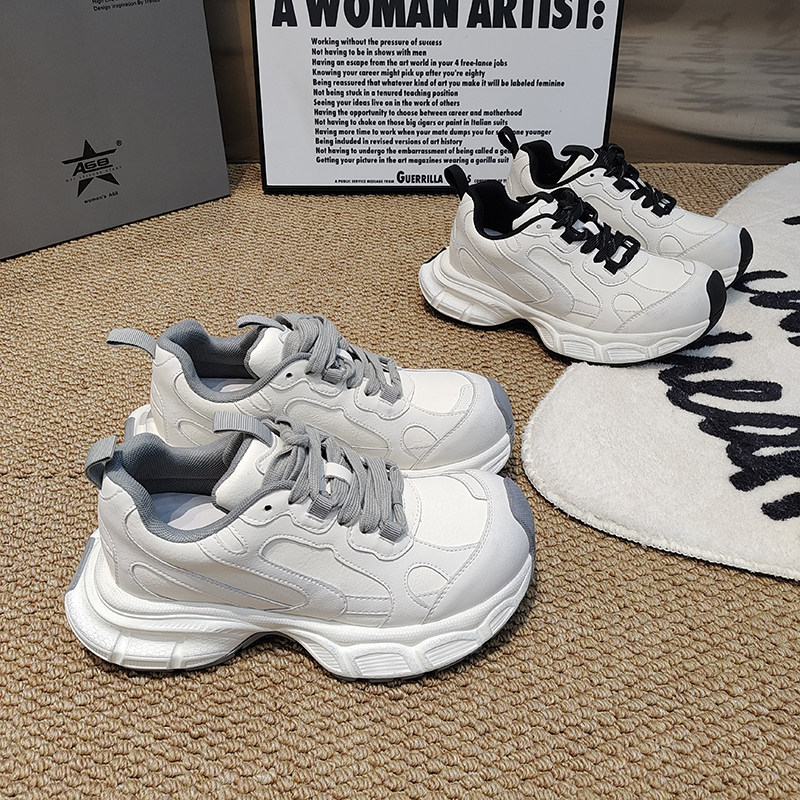 A68松糕底老爹鞋皮面圆头拼接韩版绑带女鞋2026春款学院百搭休闲