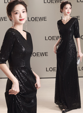 大合唱演出服女长款黑色闪亮年会指挥服主持成人礼仪晚礼服装宴会