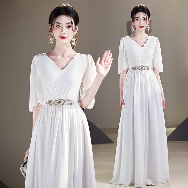 白色新款大合唱团演出服女主持舞台比赛宴会钢琴演奏晚礼服装长裙