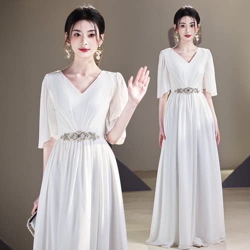 白色新款大合唱团演出服女主持舞台比赛宴会钢琴演奏晚礼服装长裙