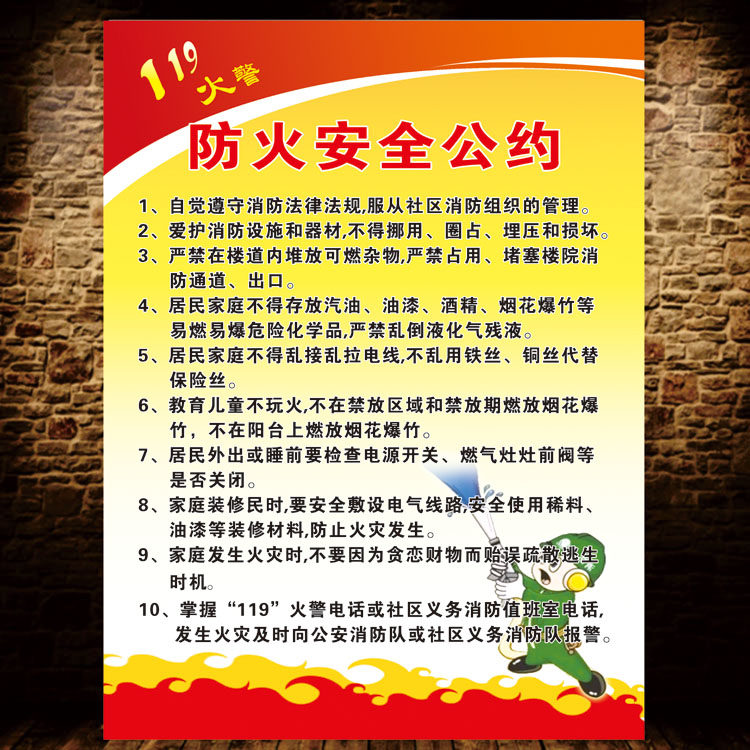 消防防火公约海报制度 社区居民防火安全知识 防火安全公约墙贴画