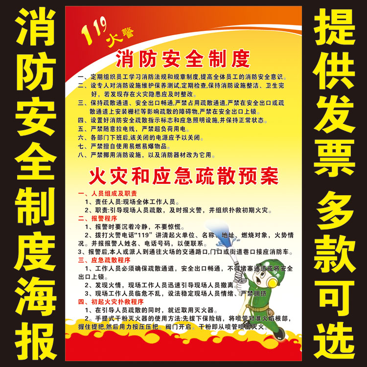 消防安全挂图制度牌海报宣传画灭火和消防应急疏散预案墙贴画海报
