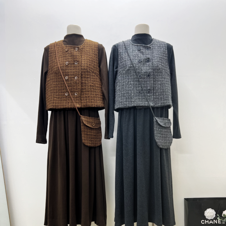 实拍英伦风小格背心连衣裙套装韩系格子马甲+打底裙+小斜包三件套