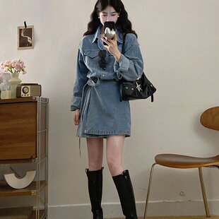 实拍～S-4XL随性自由派复古港风翻领水洗牛仔连衣裙气质收腰