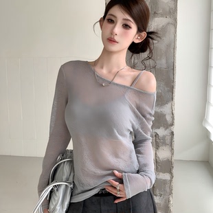 实拍实价夏季辣妹斜肩微透防晒罩衫配吊带宽松圆领显瘦长袖两件套