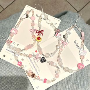 ins卡通手工串珠kt猫手机挂链钥匙扣DIY链条相机ccd背包挂饰防丢ccd相机包包手机壳挂绳 超值2条装