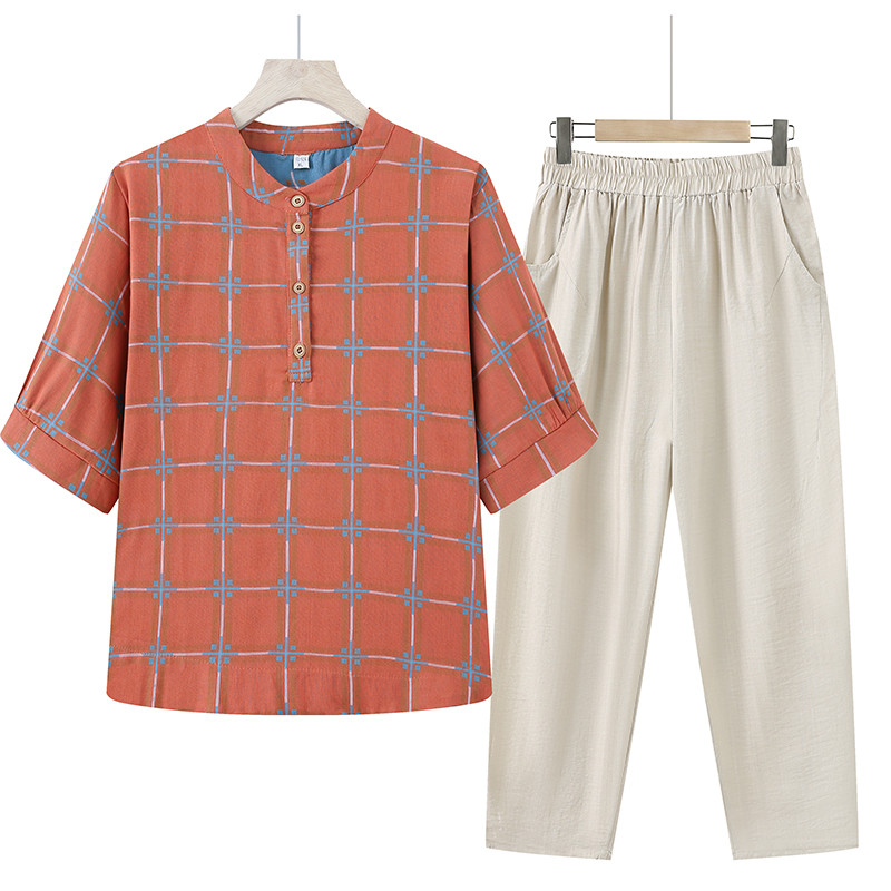 大码中老年女纯棉格子短袖衬衫套装2025新款夏装中年妈妈上衣小衫