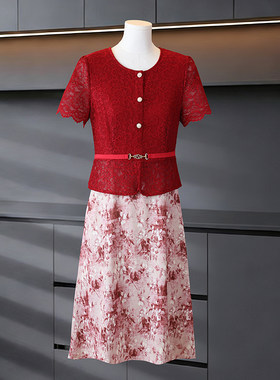 妈妈夏装雪纺碎花假两件连衣裙