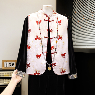 新中式妈妈春装马甲上衣三件套中老年女装春秋外套金丝绒小衫套装
