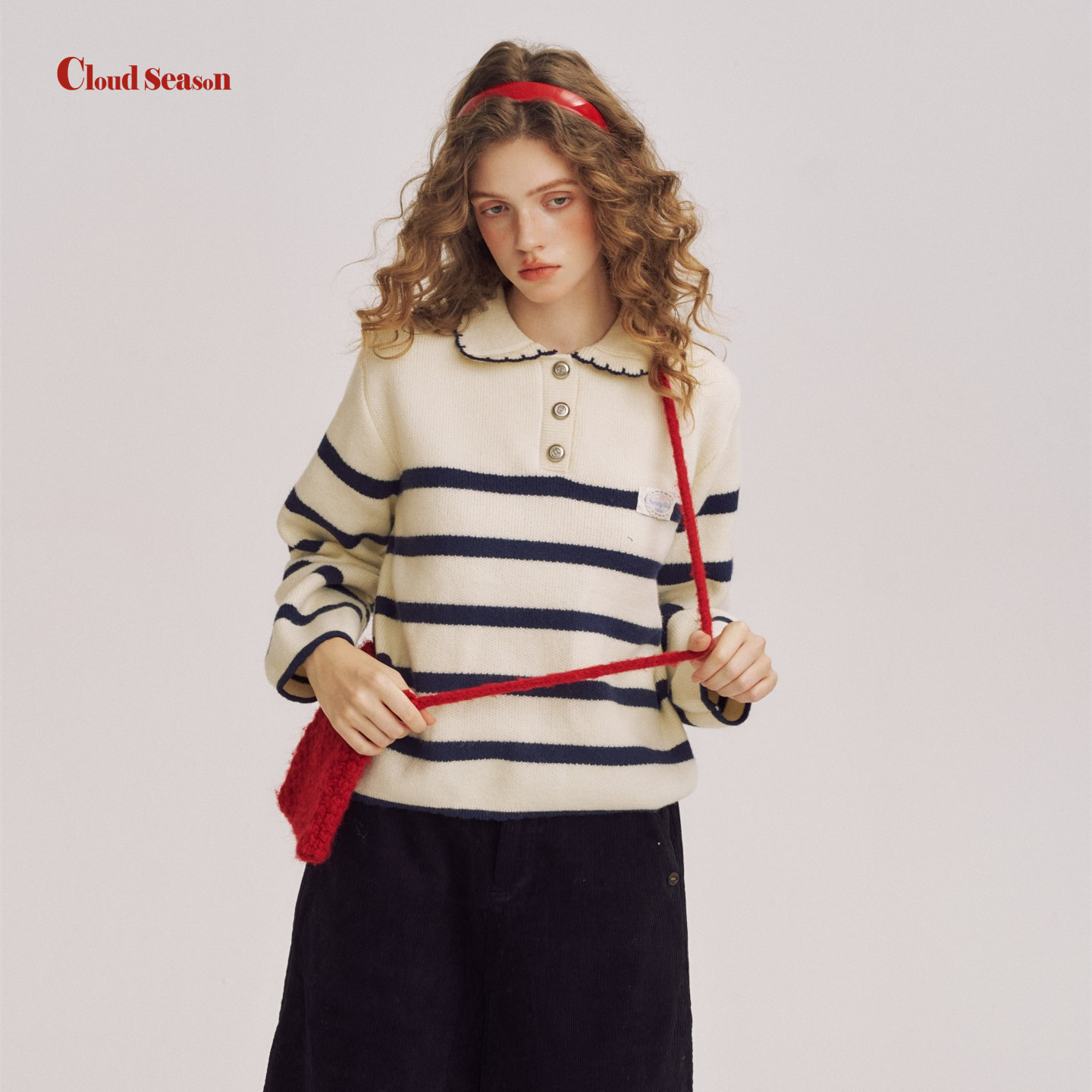 王鹤润同款CLOUDSEASON邮差娃娃领条纹毛衣女毛衣2026春新款针织,女装/女士精品,毛衣,淘宝优惠券,粉丝福利购,淘宝优惠卷