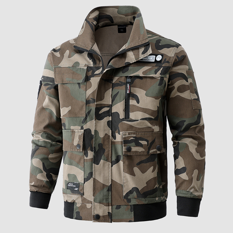 春秋加厚纯棉弹力工作服单上衣迷彩工装外套宽松多口袋长袖夹克男