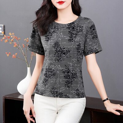 清仓捡漏夏季灰色圆领短袖印花T恤女妈妈装宽松显瘦百搭减龄上衣