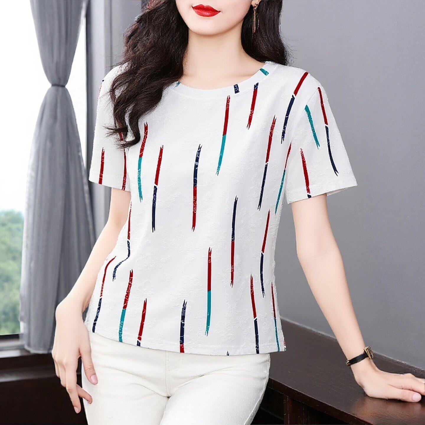 妈妈装中老年短袖T恤女2026新款条纹印花上衣气质女装半袖体恤衫