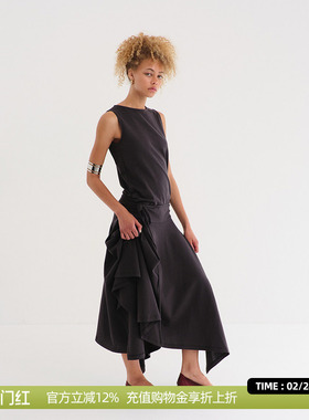 DOSORDONTS 2025夏季新款复古深灰色波浪下摆褶皱侧腰系带连衣裙