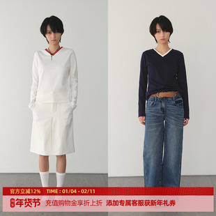 DOSORDONTS 2025秋冬新款精致正肩设计基础款撞色小V领合身T恤女