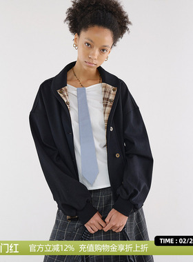DOSORDONTS 2025年秋冬新品黑色格纹撞色双层领口简约卫衣外套女