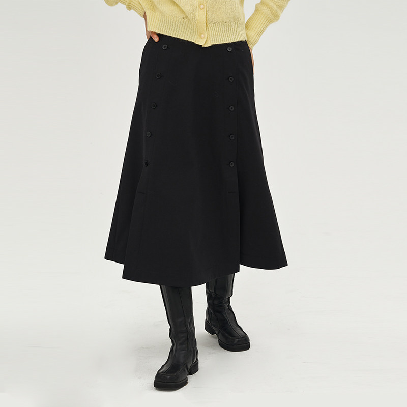 DOSORDONTS原创黑色双排扣解构羊毛半裙气质a字裙女中长款裙子,女装/女士精品,半身裙,淘宝优惠券,粉丝福利购,淘宝优惠卷