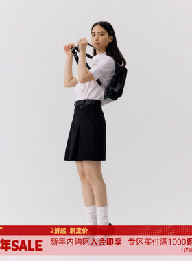 DOSORDONTS通勤百搭2025夏季新款黑色拼皮翻三角造型设计感半身裙