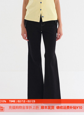 DOSORDONTS2025夏季新款黑色两穿翻袋明线结构复古简约弹力微喇裤