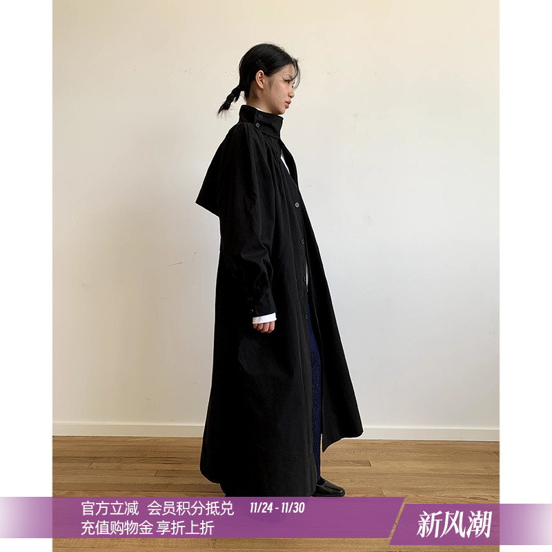 DOSORDONTS 黑色暗门襟褶皱高立领干练复古风衣外套2024年秋冬女